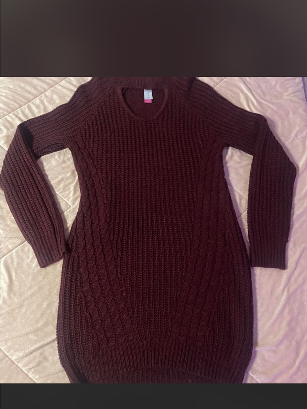 No Boundaries Long-Sleeve Cable Knit Sweater Dress in Deep Maroon